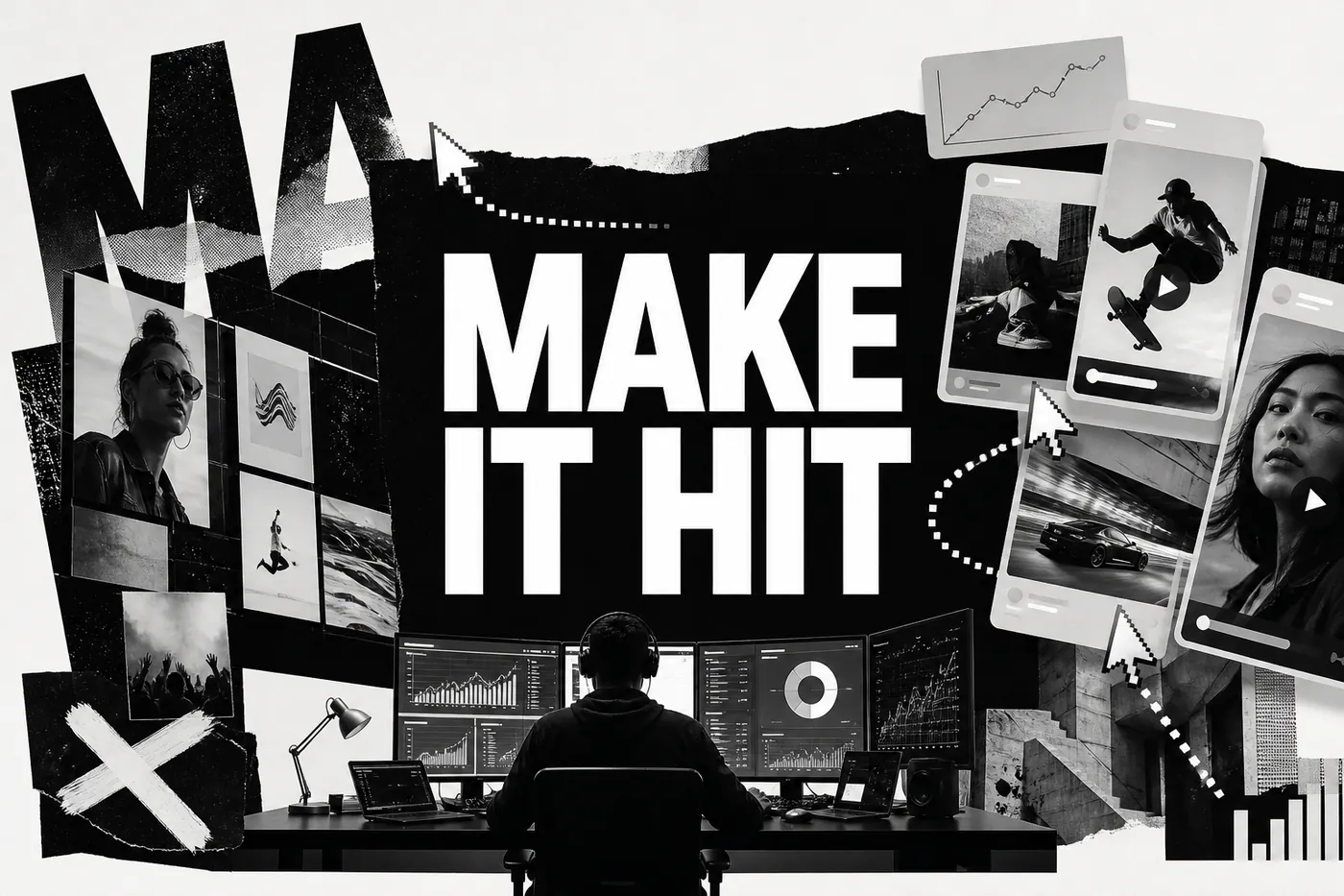 Monochrome digital marketing campaign collage with dashboards, creator content cards, and MAKE IT HIT typography